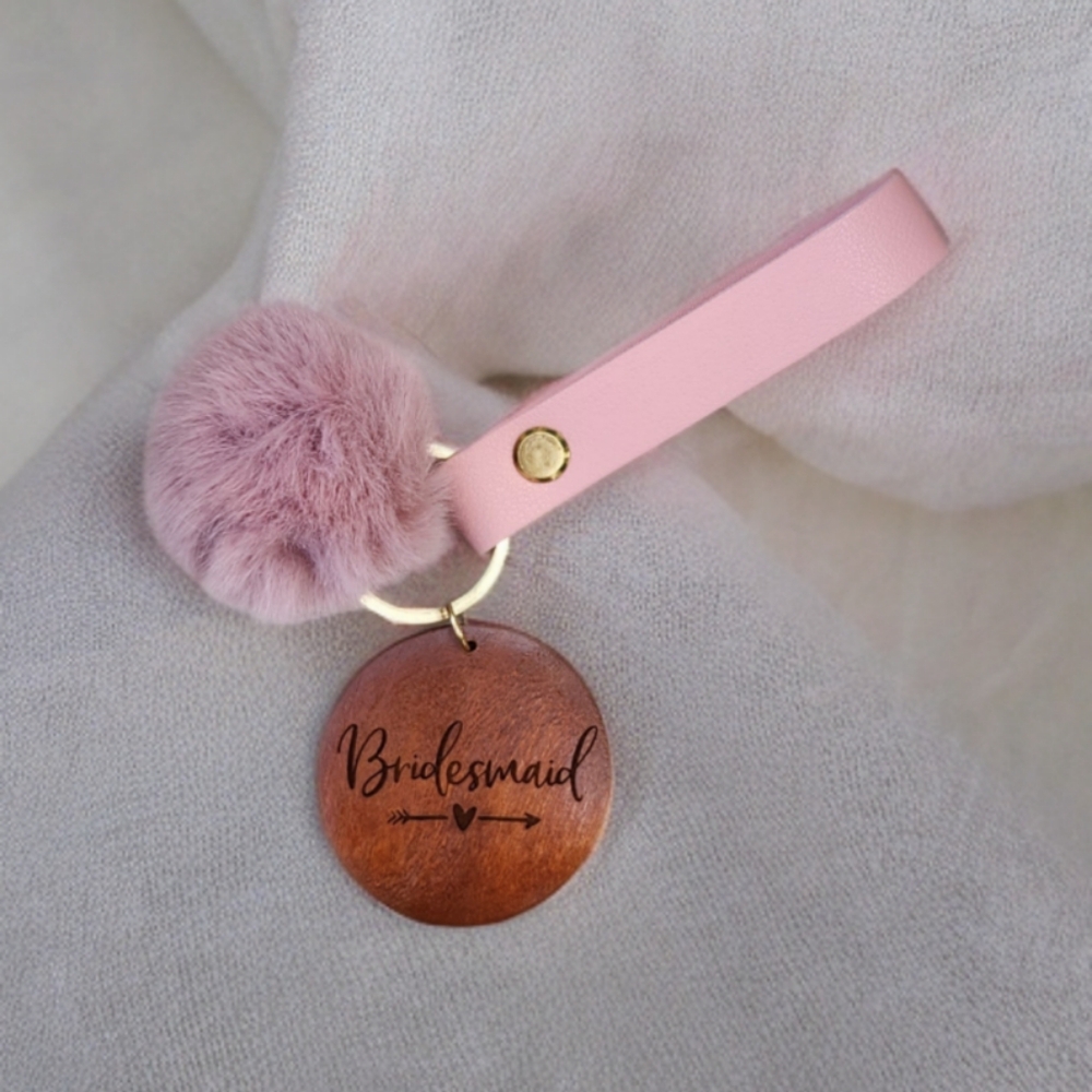Keychain Wristlet and Puff with Laser Engraved Pendant - Bridesmaid